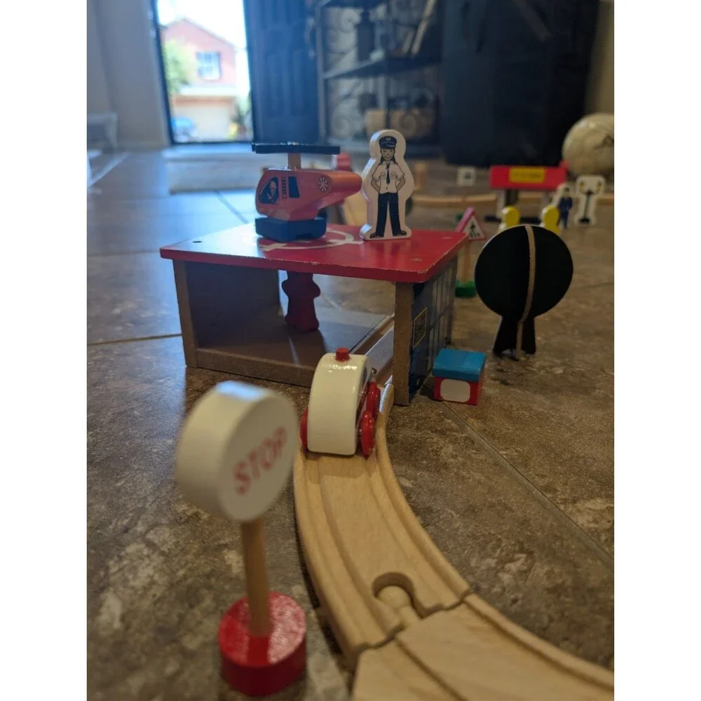 Large Wooden Train Track Set Bridge Station House Signs Accessories 50+ Pieces